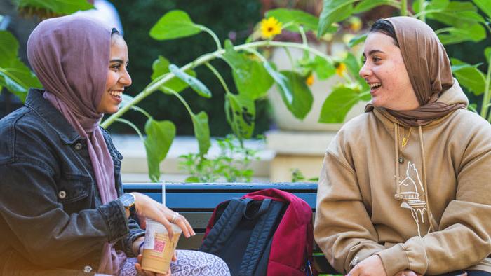 Students talking on bench